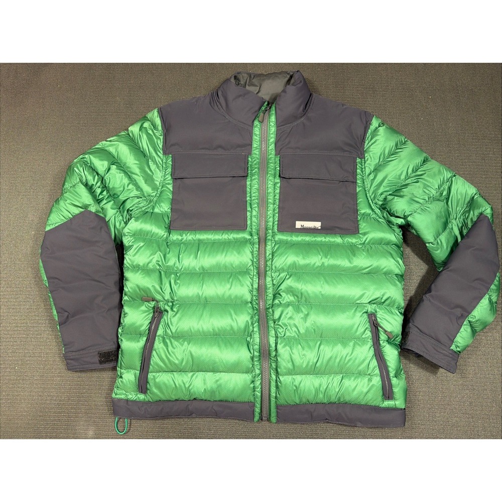 MooseJaw Mountaineering Jacket Mens Medium Green Black Quilted Puffer Duck Down